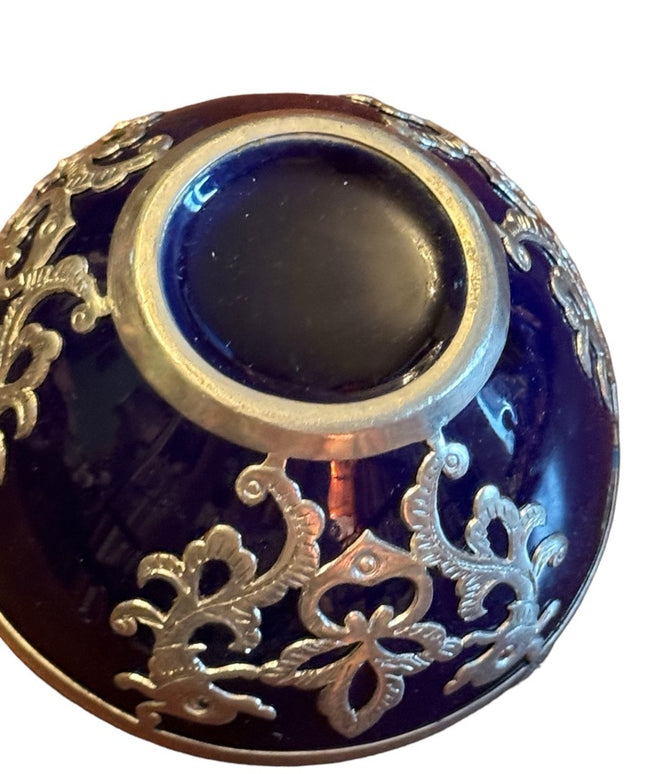 Antique Cobalt Blue Glass with Sterling Silver Floral Overlay dragon scrolled