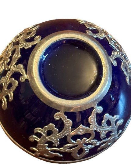 Antique Cobalt Blue Glass with Sterling Silver Floral Overlay dragon scrolled