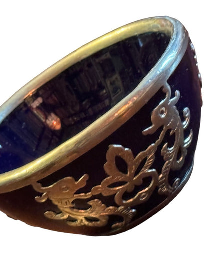 Antique Cobalt Blue Glass with Sterling Silver Floral Overlay dragon scrolled