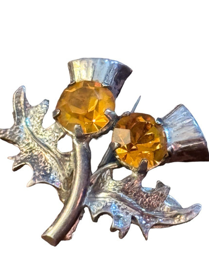 Vintage sterling silver 925 Small thistle amber crystal brooch