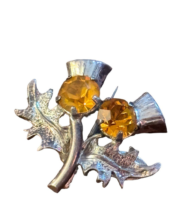 Vintage sterling silver 925 Small thistle amber crystal brooch