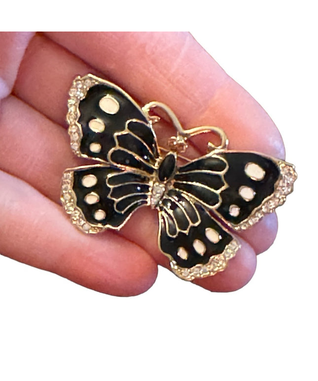 Jackie Orr Butterfly Brooch Designer Collection Enamel Rhinestone Black