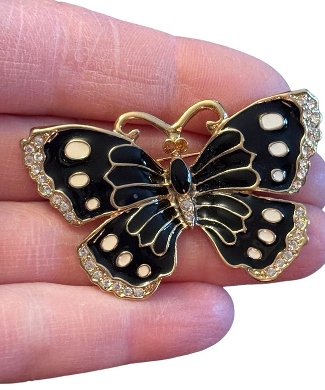 Jackie Orr Butterfly Brooch Designer Collection Enamel Rhinestone Black