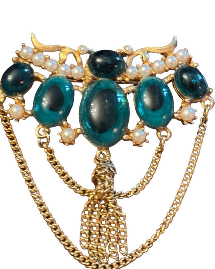 Vintage 60s Gold Bar Brooch Emerald Green Bead Chain Brooch Faux Pearl Brooch