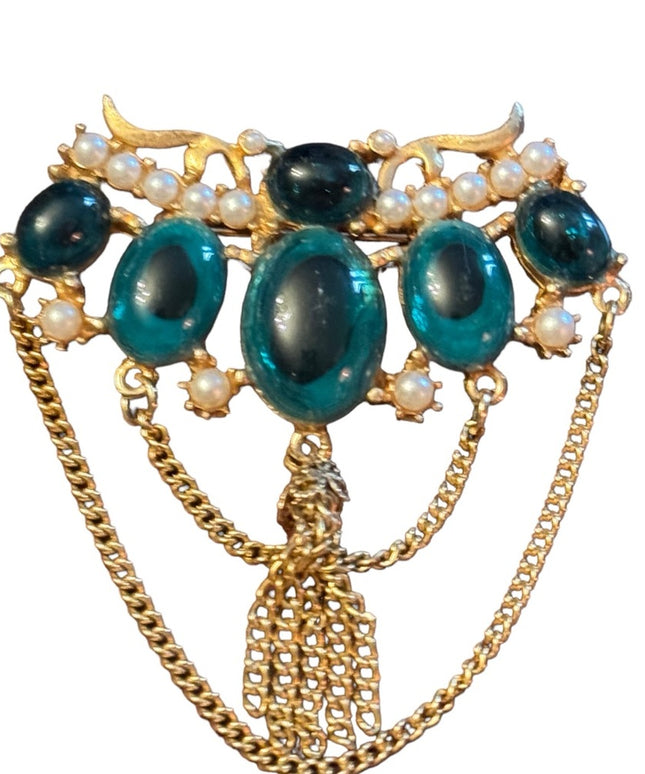 Vintage 60s Gold Bar Brooch Emerald Green Bead Chain Brooch Faux Pearl Brooch