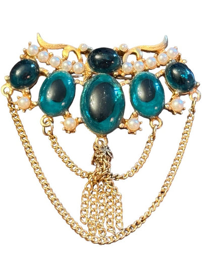 Vintage 60s Gold Bar Brooch Emerald Green Bead Chain Brooch Faux Pearl Brooch