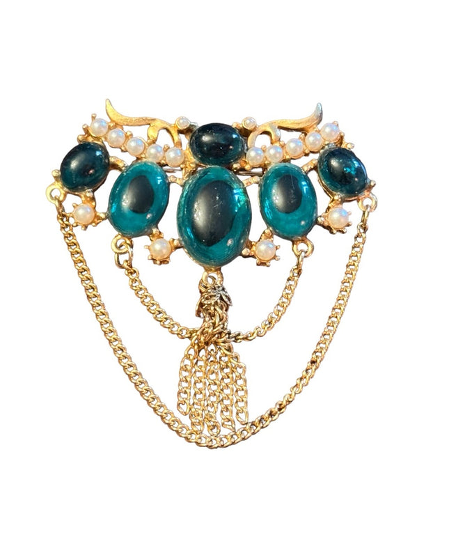 Vintage 60s Gold Bar Brooch Emerald Green Bead Chain Brooch Faux Pearl Brooch