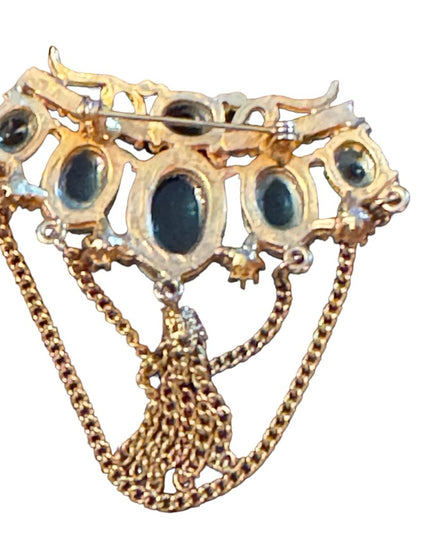 Vintage 60s Gold Bar Brooch Emerald Green Bead Chain Brooch Faux Pearl Brooch
