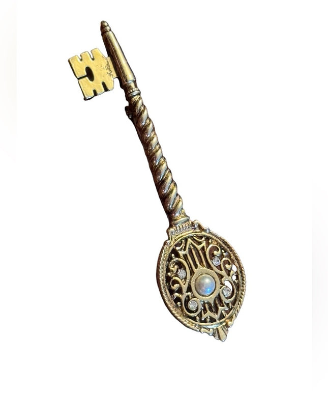 Vintage CORO gold finish faux pearl crystal large key brooch