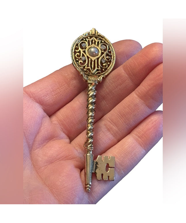 Vintage CORO gold finish faux pearl crystal large key brooch