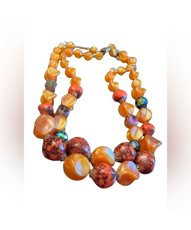 Vintage 1960s Orange double strand plastic fancy colorful necklace CZECH