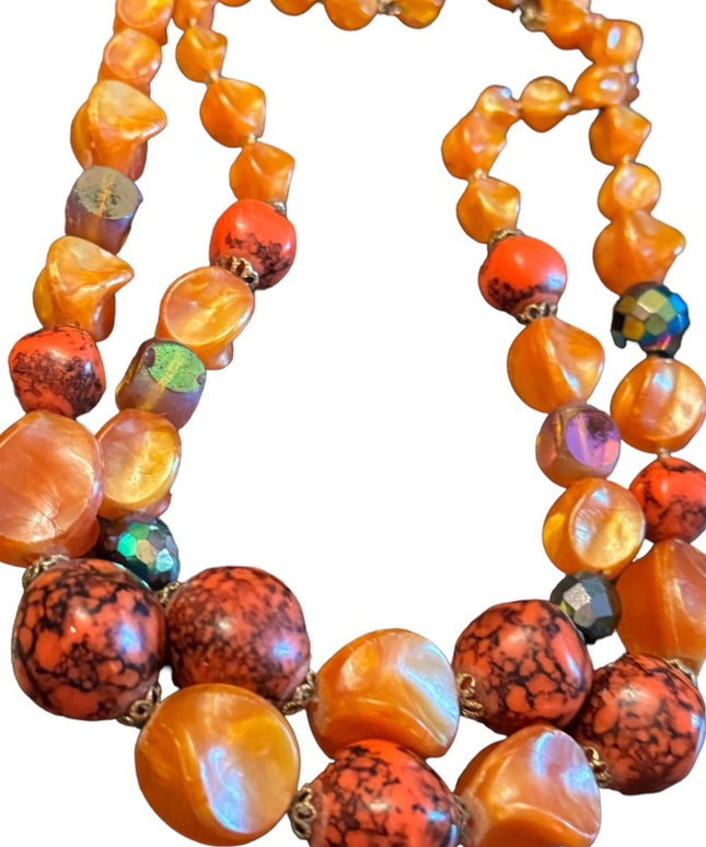 Vintage 1960s Orange double strand plastic fancy colorful necklace CZECH