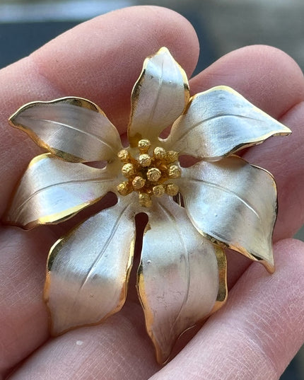 Vintage Cerrito Fabulous Vintage Gold White Poinsettia Brooch Flower Floral