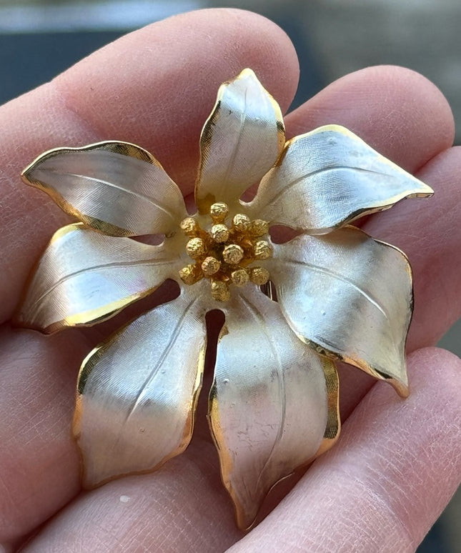 Vintage Cerrito Fabulous Vintage Gold White Poinsettia Brooch Flower Floral