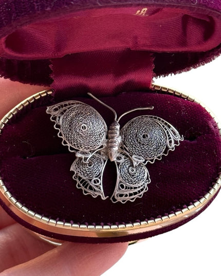Antique filagree fancy silver Mexico Antiqued butterfly brooch