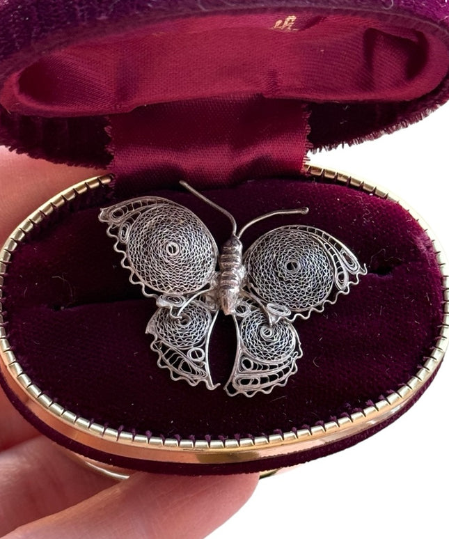 Antique filagree fancy silver Mexico Antiqued butterfly brooch