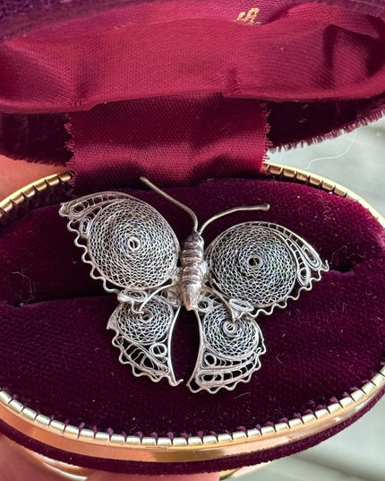 Antique filagree fancy silver Mexico Antiqued butterfly brooch