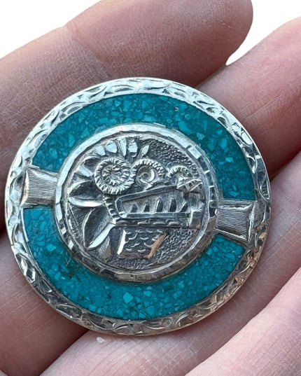 Vintage sterling silver 925 TAXCO Turquoise Aztec Mayan Mexico pendant brooch