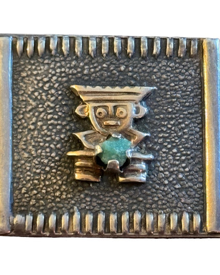 Antiqued 900 Silver PERU Emerald Inca Incan square brooch