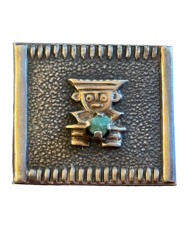 Antiqued 900 Silver PERU Emerald Inca Incan square brooch