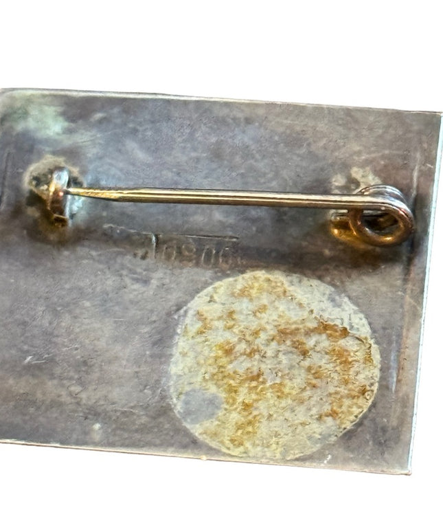 Antiqued 900 Silver PERU Emerald Inca Incan square brooch