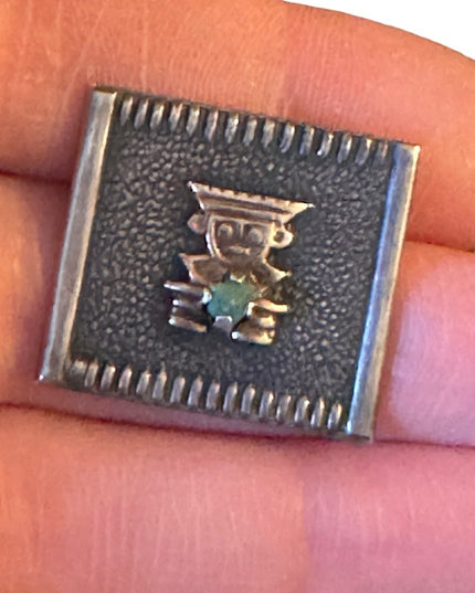 Antiqued 900 Silver PERU Emerald Inca Incan square brooch