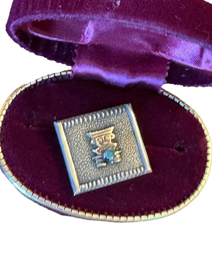 Antiqued 900 Silver PERU Emerald Inca Incan square brooch