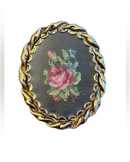 Vintage gold finish petite point cameo style pendant brooch