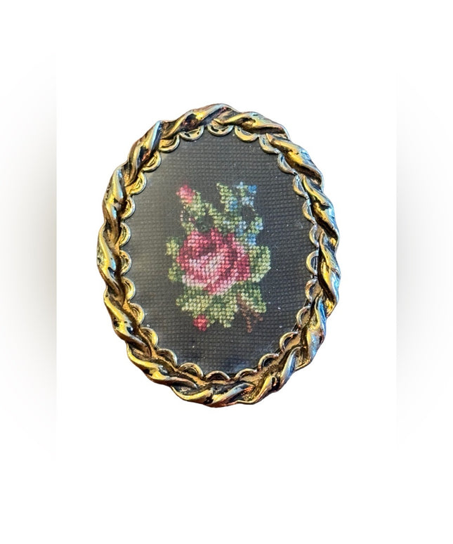 Vintage gold finish petite point cameo style pendant brooch