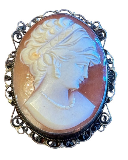 Vintage 800 silver antiqued large carved shell cameo brooch pendant