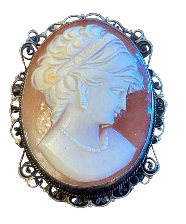 Vintage 800 silver antiqued large carved shell cameo brooch pendant