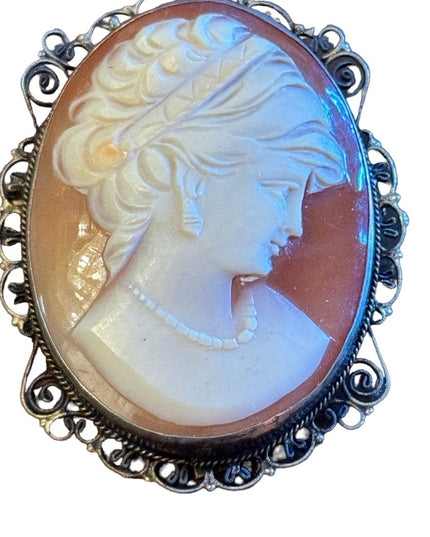 Vintage 800 silver antiqued large carved shell cameo brooch pendant