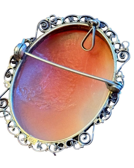 Vintage 800 silver antiqued large carved shell cameo brooch pendant