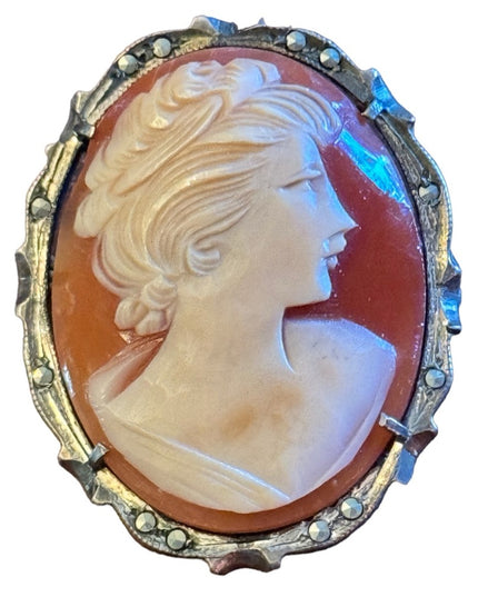 Vintage 800 Silver Carved shell Cameo prndant brooch