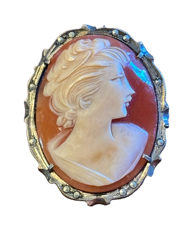 Vintage 800 Silver Carved shell Cameo prndant brooch