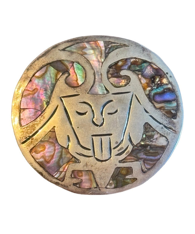 Vintage sterling silver 925 Taxco Mexico Abalone brooch pendant Aztac Warrior