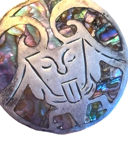Vintage sterling silver 925 Taxco Mexico Abalone brooch pendant Aztac Warrior