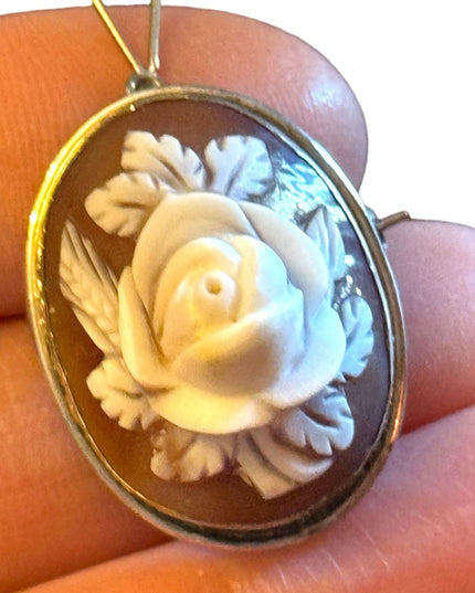 Vintage silver 800 Flower carved shell cameo brooch pendant