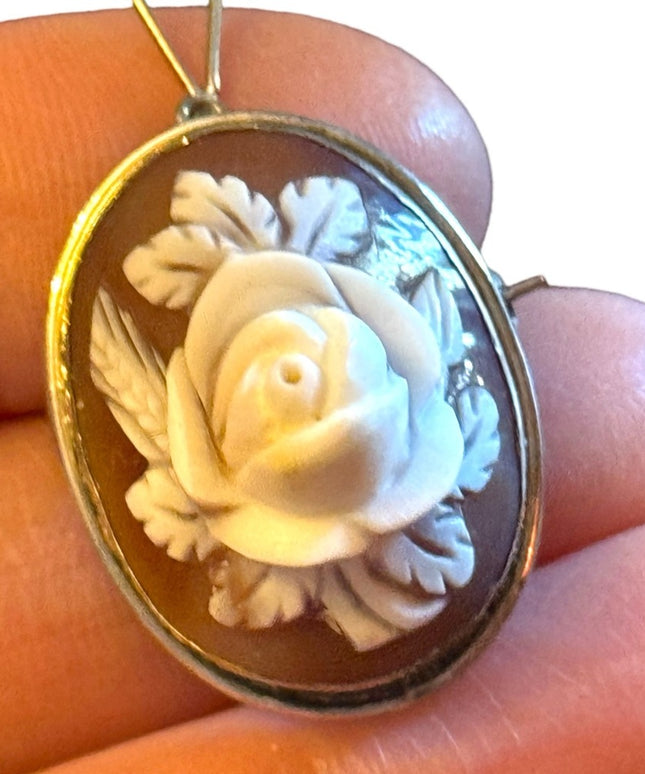 Vintage silver 800 Flower carved shell cameo brooch pendant