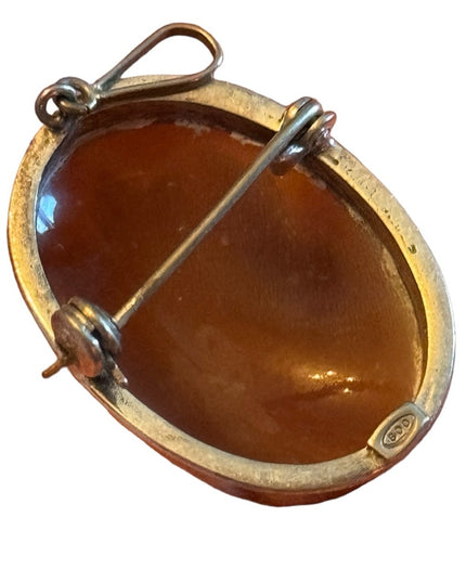 Vintage silver 800 Flower carved shell cameo brooch pendant
