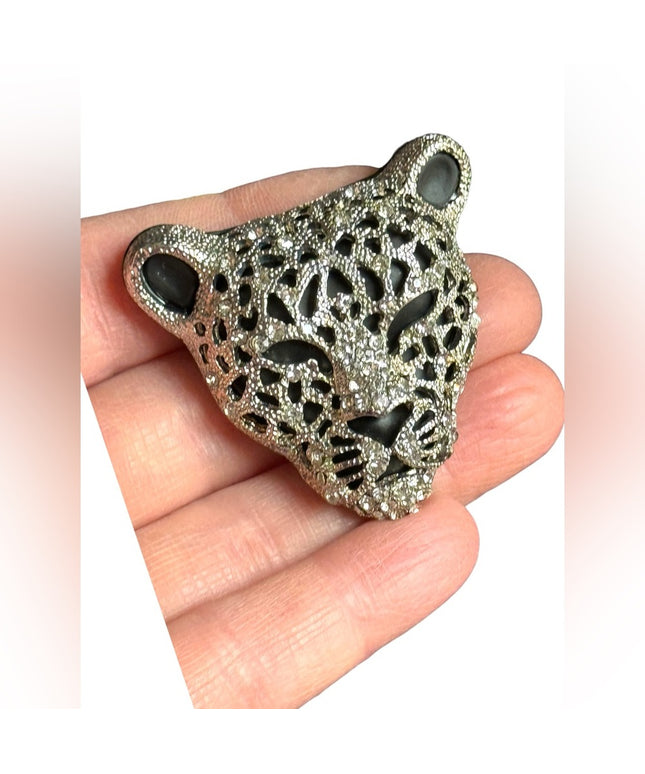 Lovely vintage black rhinestone silver metal embellished panter head brooch