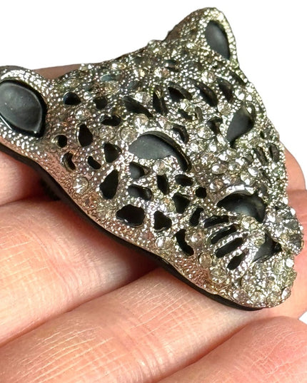 Lovely vintage black rhinestone silver metal embellished panter head brooch