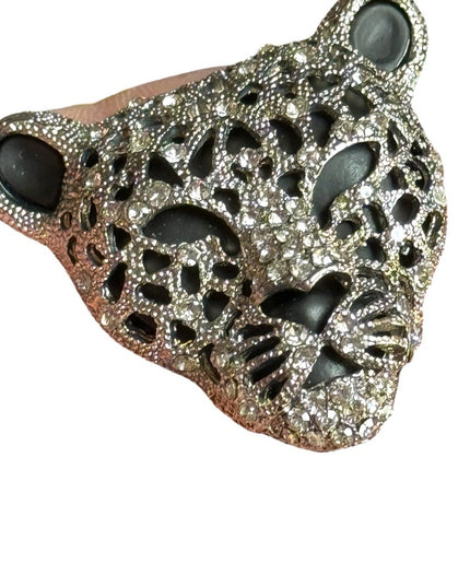 Lovely vintage black rhinestone silver metal embellished panter head brooch