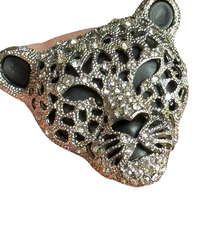 Lovely vintage black rhinestone silver metal embellished panter head brooch