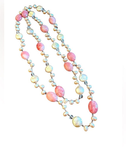 Lovely pink rhodonite pearl Biwa crystal necklace fancy sparke substancial