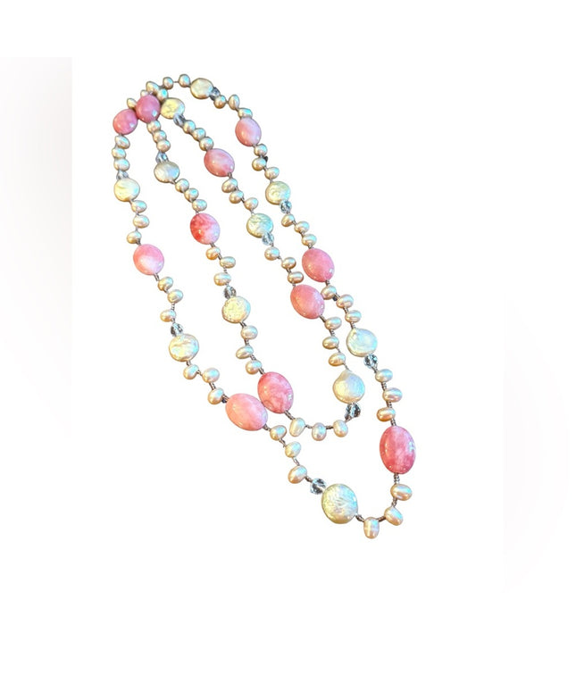 Lovely pink rhodonite pearl Biwa crystal necklace fancy sparke substancial