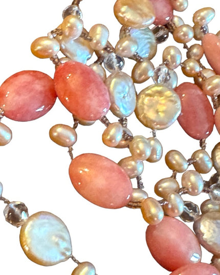Lovely pink rhodonite pearl Biwa crystal necklace fancy sparke substancial