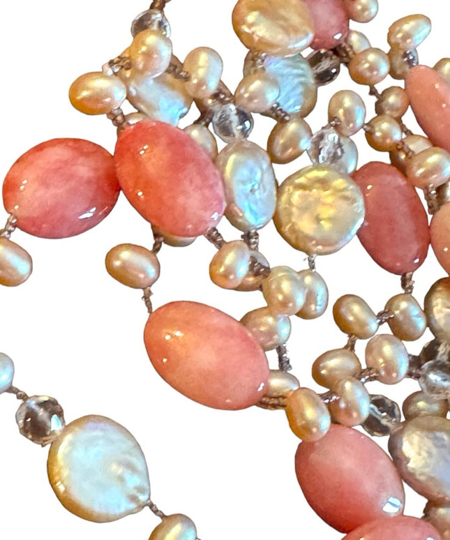 Lovely pink rhodonite pearl Biwa crystal necklace fancy sparke substancial