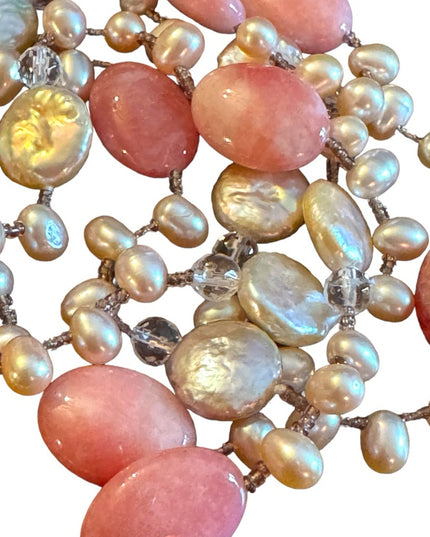 Lovely pink rhodonite pearl Biwa crystal necklace fancy sparke substancial