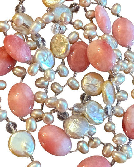Lovely pink rhodonite pearl Biwa crystal necklace fancy sparke substancial